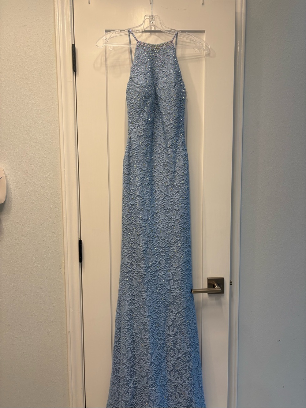 Light Blue Lace Halter Evening Dress